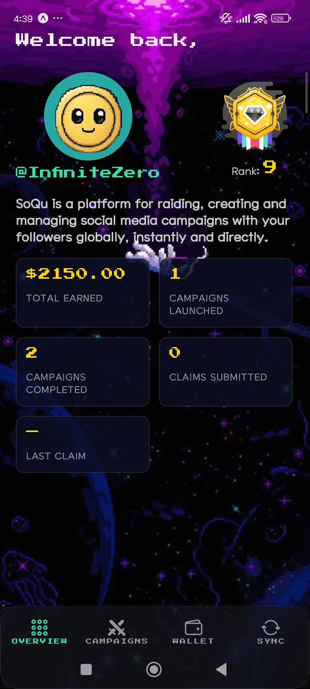 SoQu app — Overview screen